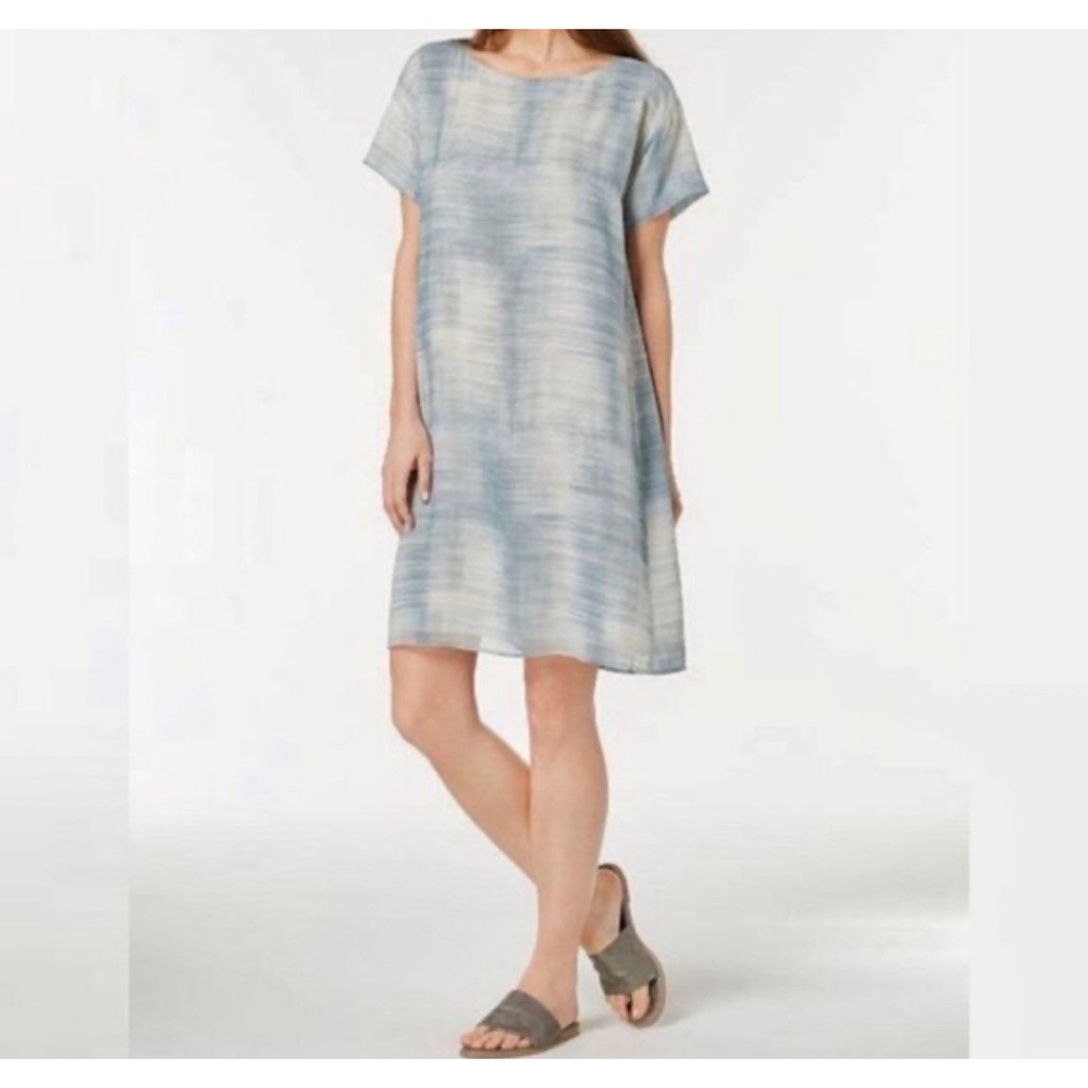 Eileen Fisher 100% Silk Bateau Neck Short-Sleeve‎ Shift Dress Size Medium